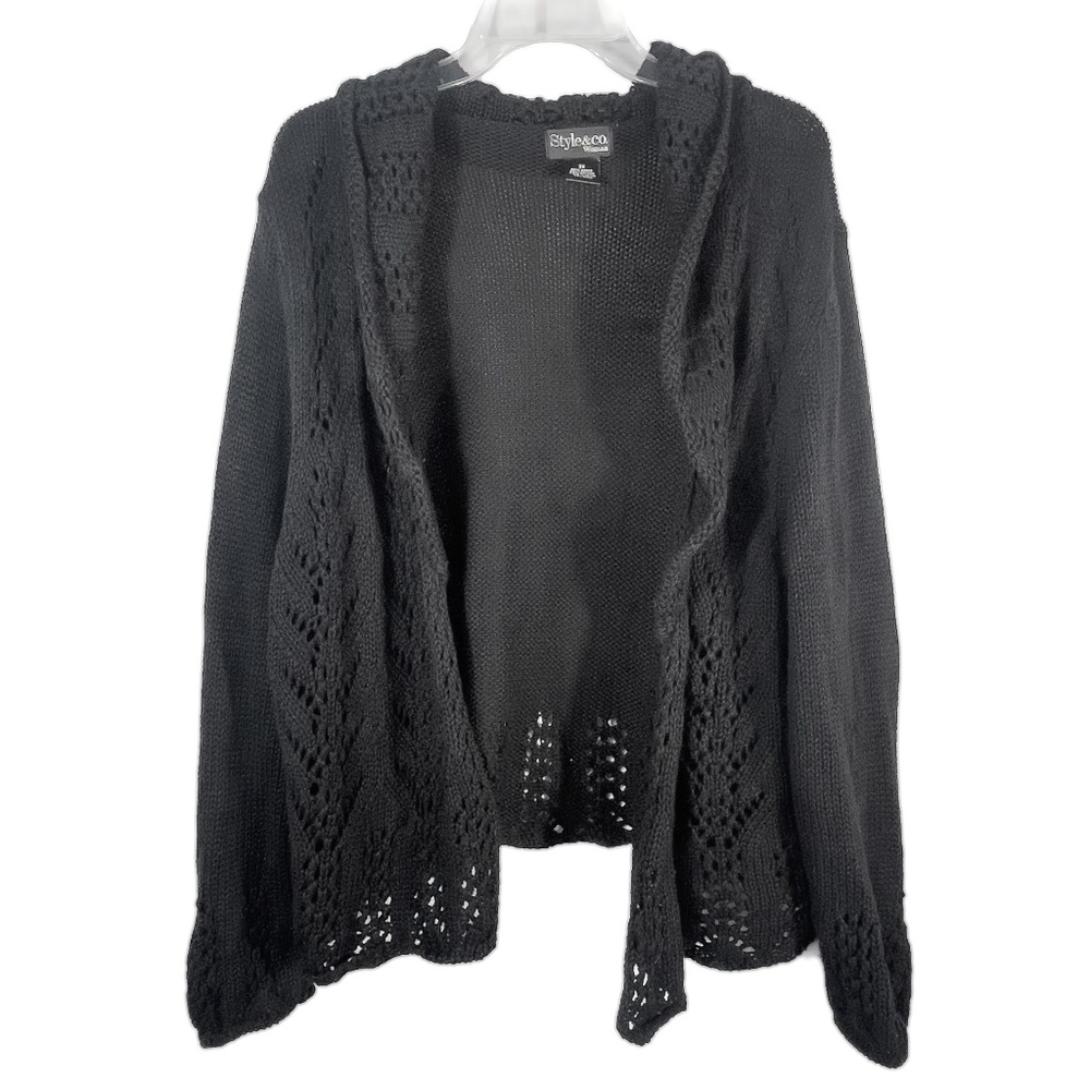 Black Long Sleeve Cardigan Crochet Detail Cotton Blend Open Front Shawl Collar